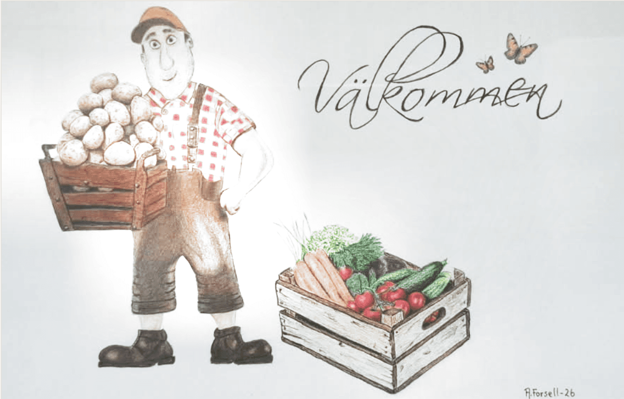Handritad illustration som hälsar välkommen till gårdsbutiken, med lådor fyllda av potatis och grönsaker